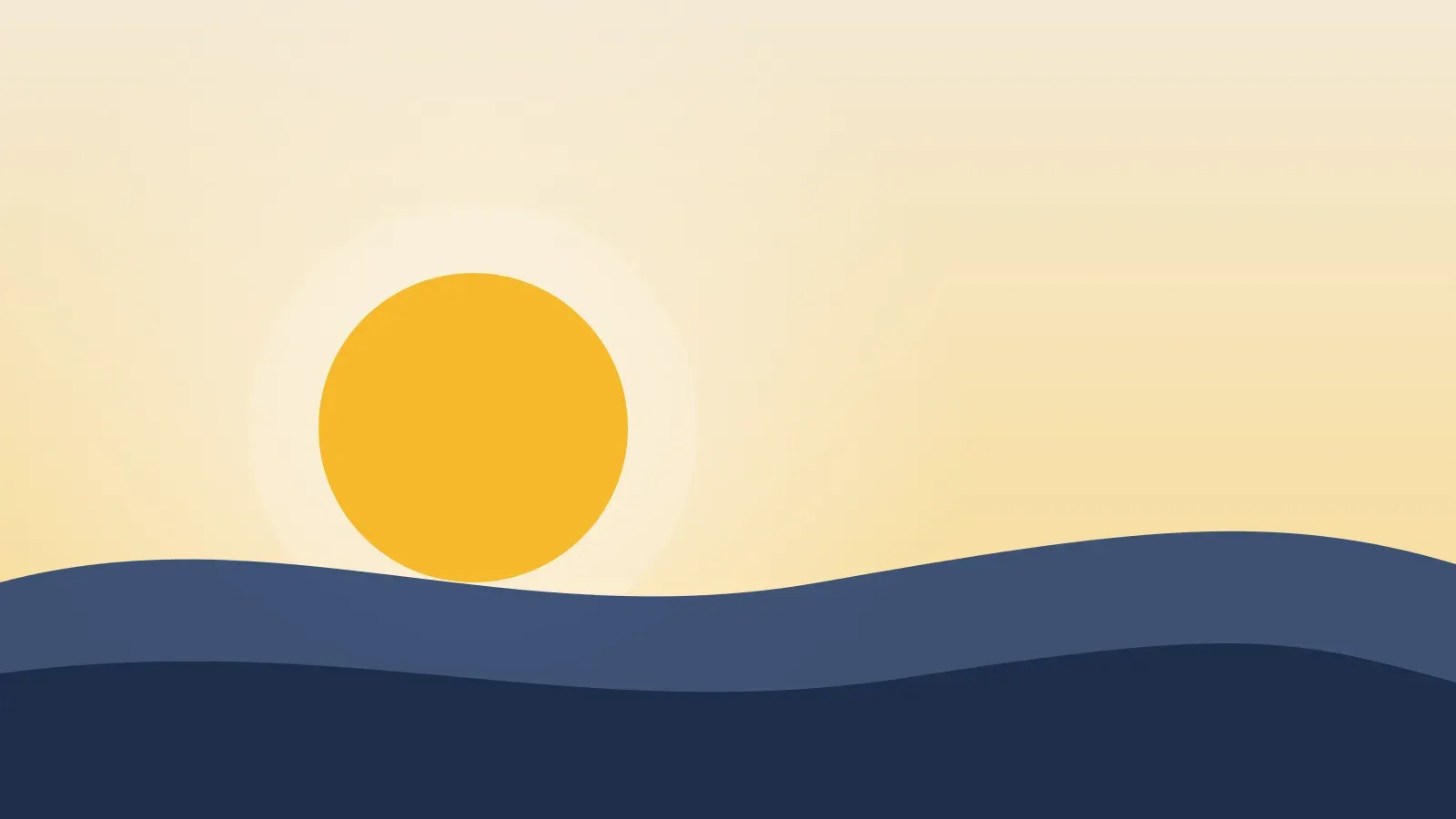 A warm yellow sun sinking in a pale sky, with two layers of navy hills in front